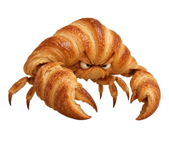 Golden flaky croissant crab with an angry face and sharp pastry claws